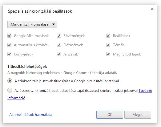 A Chrome alapbeállításai